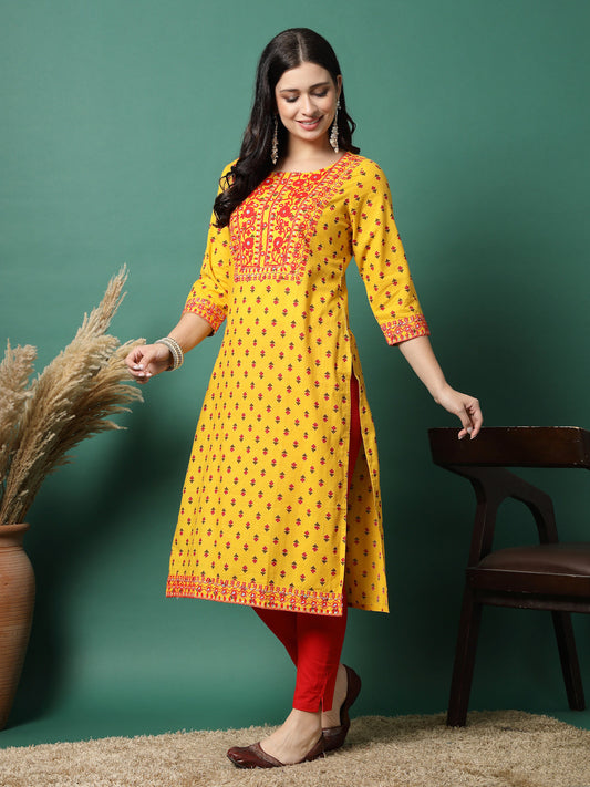 Women Yellow Cotton Embroidered Straight Kurta