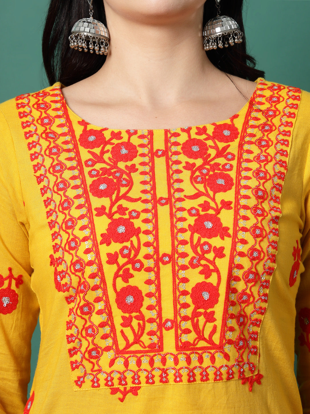 Women Yellow Cotton Embroidered Straight Kurta