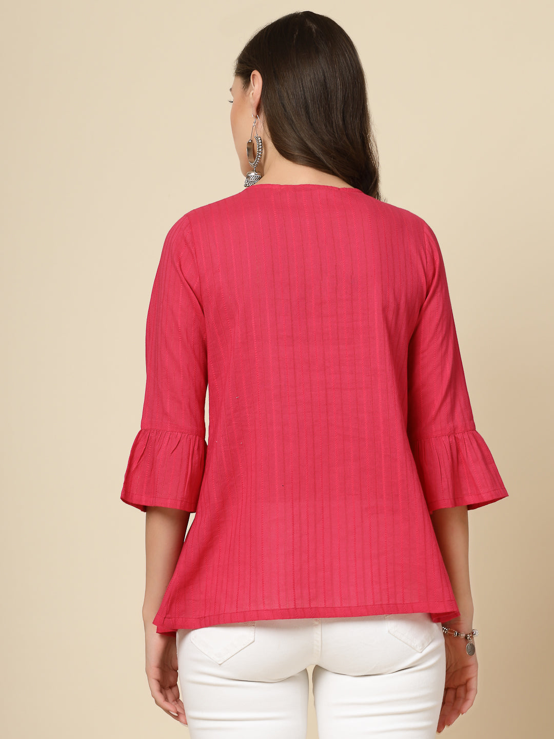 Women Ethnic Embroidered Tie-Up Neck Bell Sleeves Gathered Cotton Casual Top