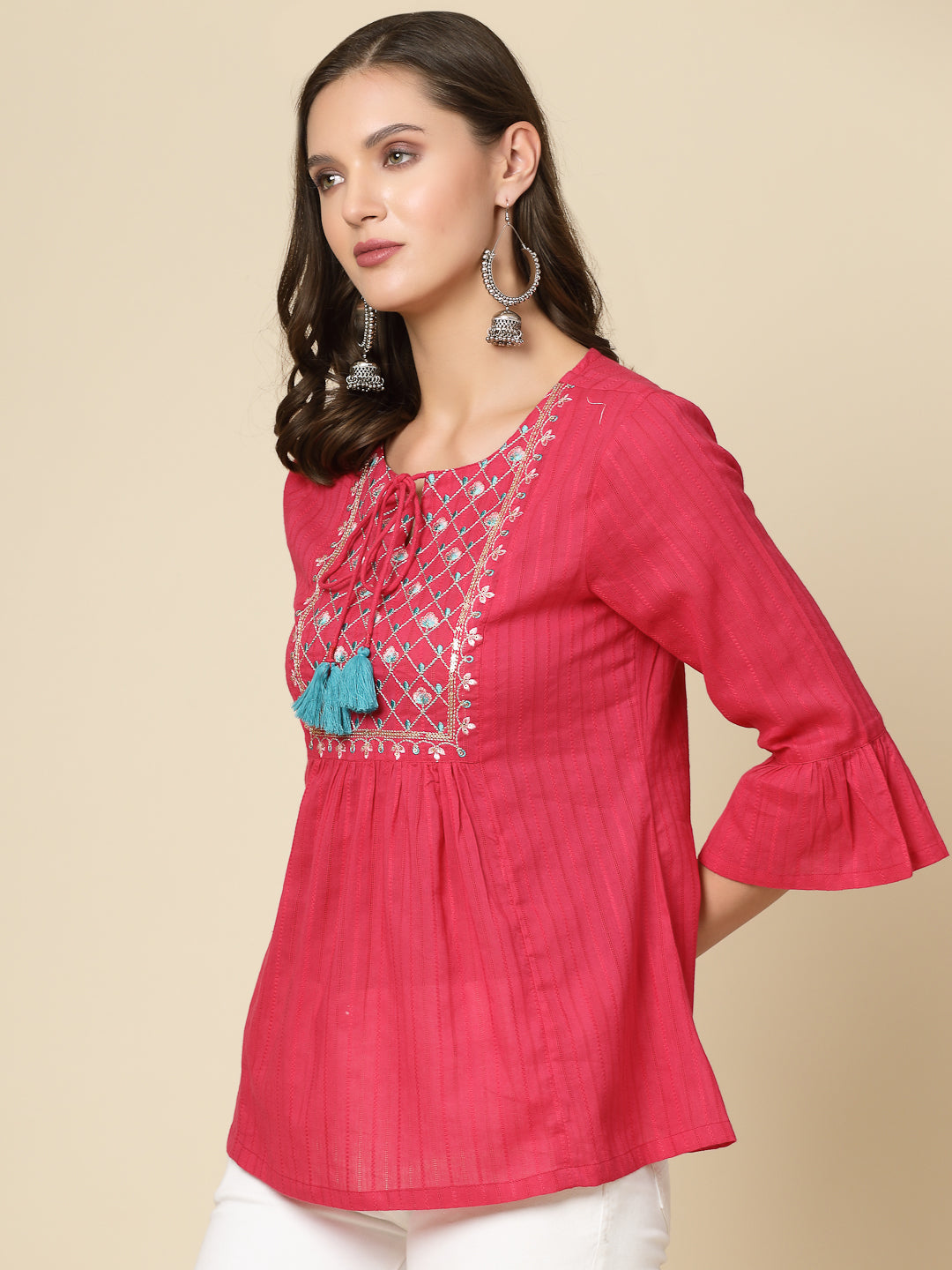 Women Ethnic Embroidered Tie-Up Neck Bell Sleeves Gathered Cotton Casual Top