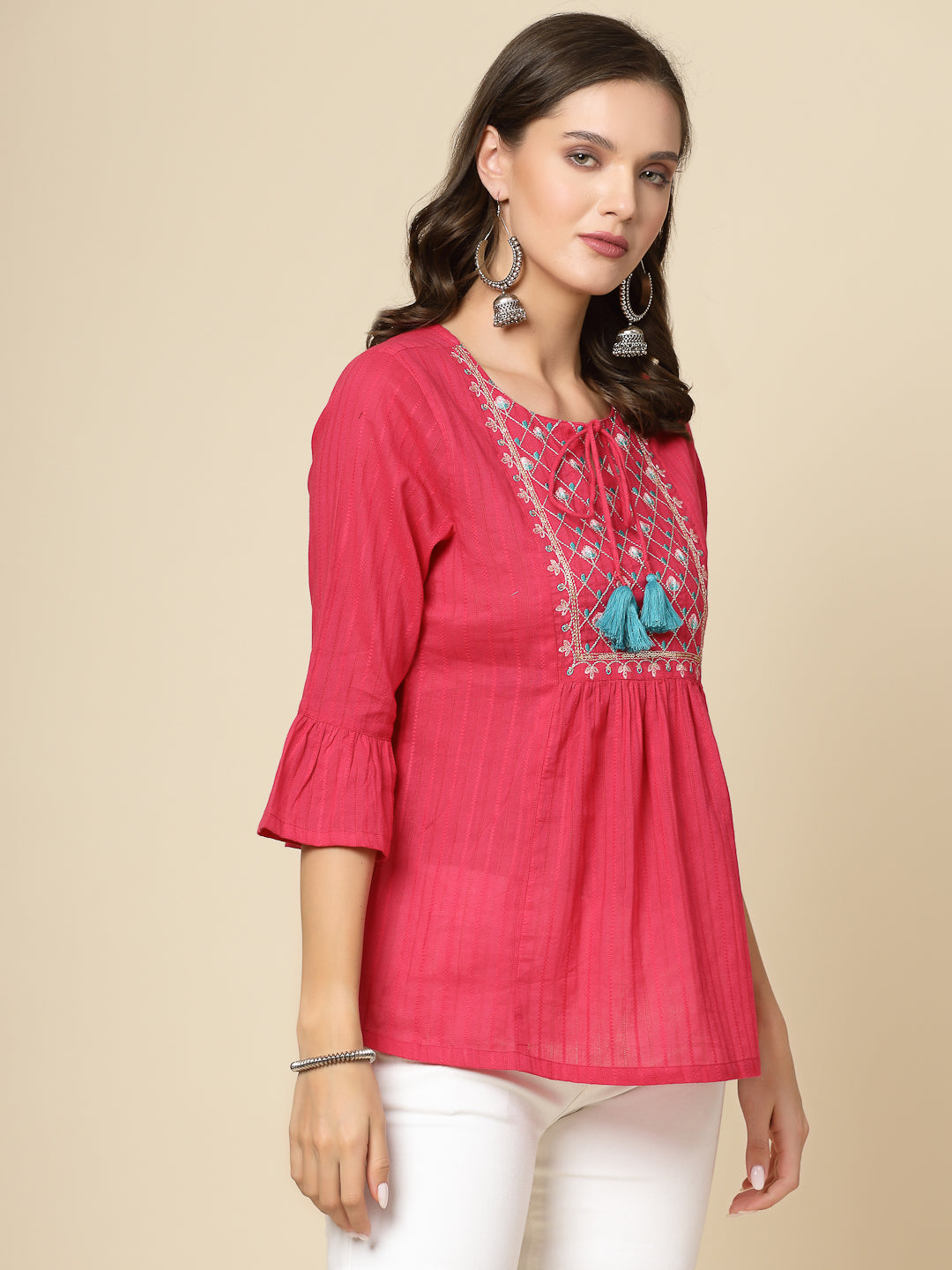 Women Ethnic Embroidered Tie-Up Neck Bell Sleeves Gathered Cotton Casual Top