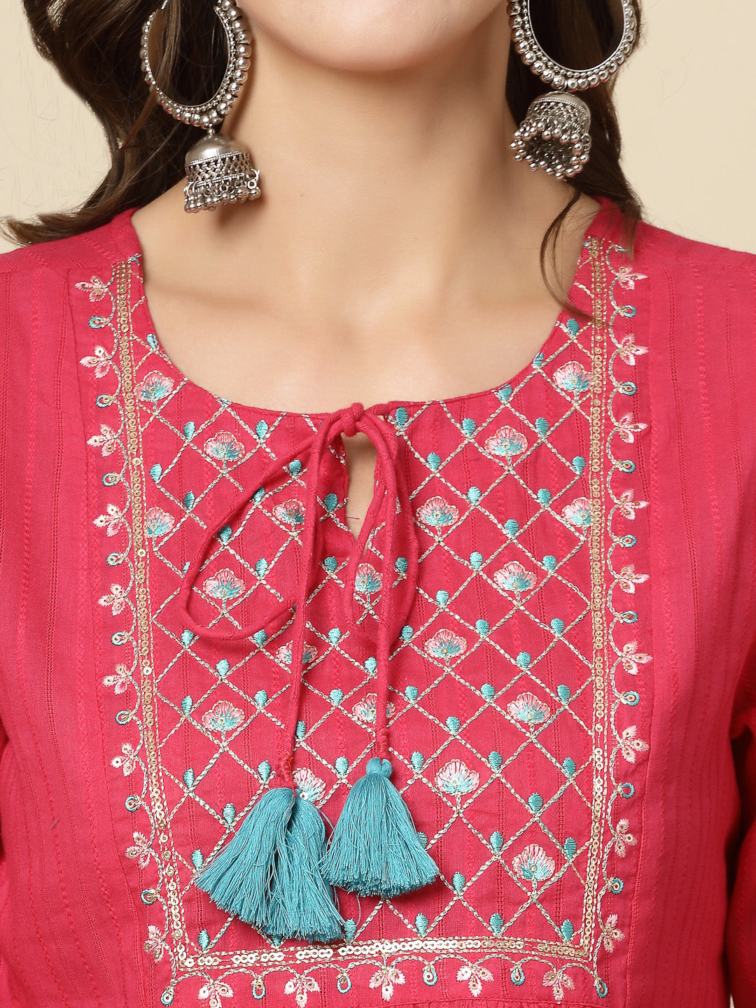 Women Ethnic Embroidered Tie-Up Neck Bell Sleeves Gathered Cotton Casual Top