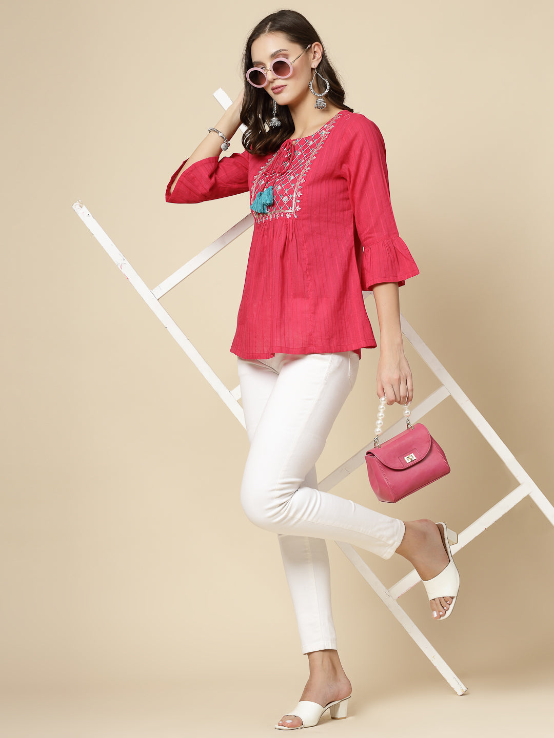 Women Ethnic Embroidered Tie-Up Neck Bell Sleeves Gathered Cotton Casual Top