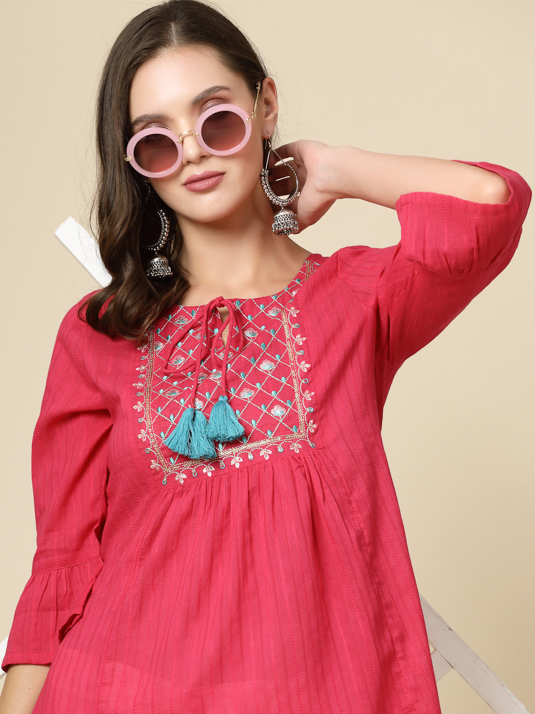 Women Ethnic Embroidered Tie-Up Neck Bell Sleeves Gathered Cotton Casual Top