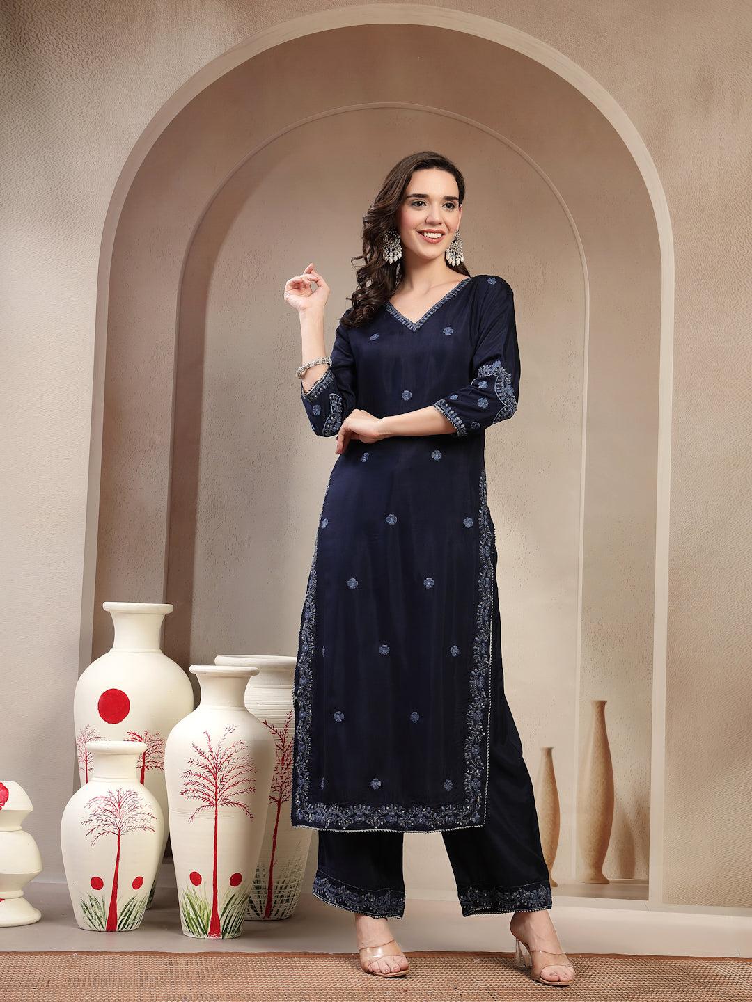 Women Blue Polyester Kurta Palazzo & Dupatta Set
