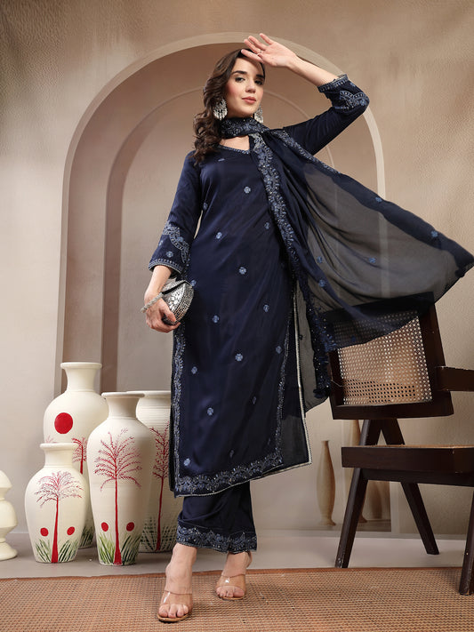 Women Blue Polyester Kurta Palazzo & Dupatta Set