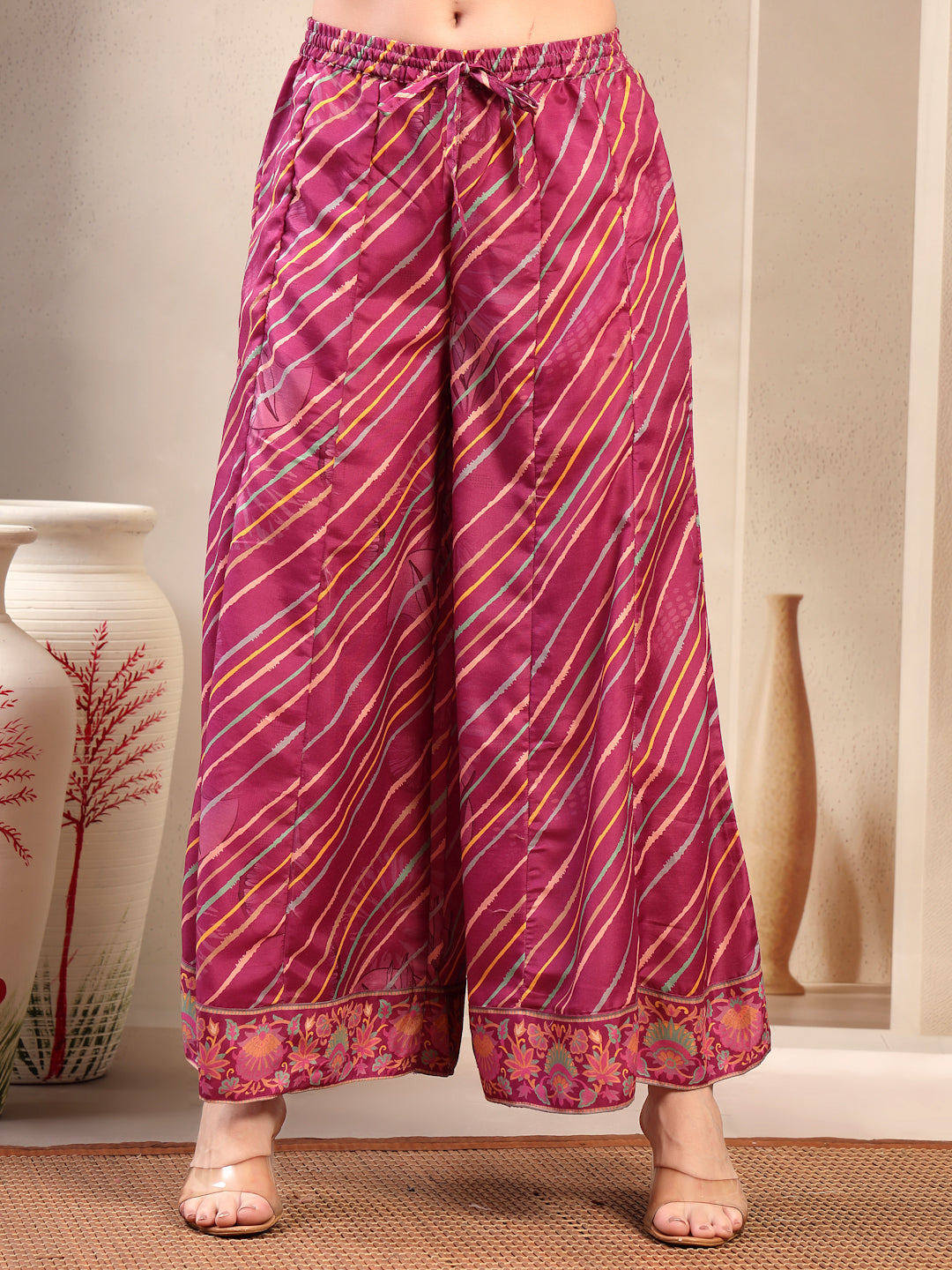 Elegant Purple Lehriya Printed Kurta Palazzo & Dupatta Set