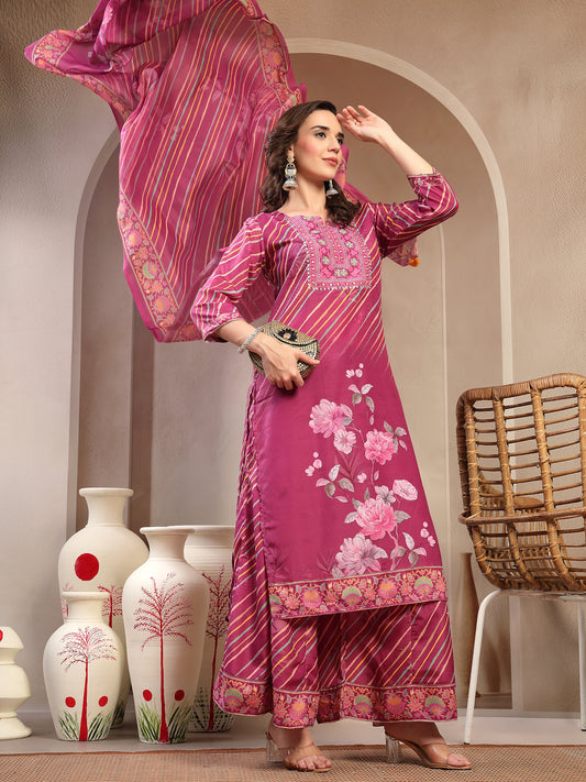 Elegant Purple Lehriya Printed Kurta Palazzo & Dupatta Set