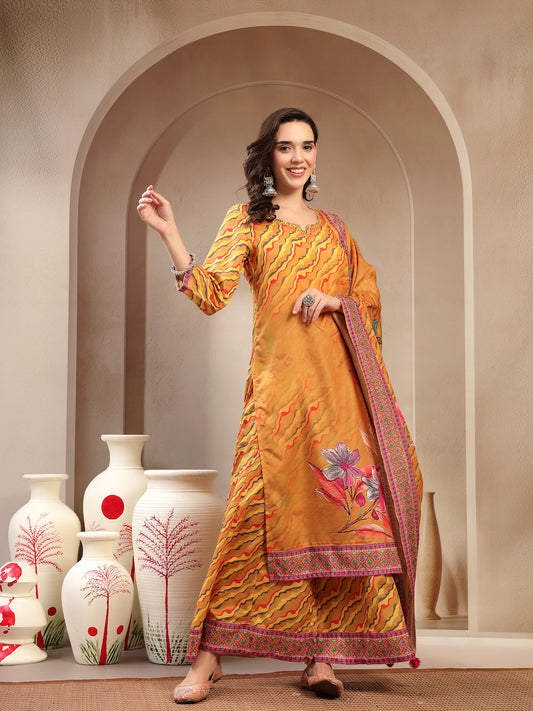 Women's Yellow Embroidered Lehriya Kurta, Palazzo & Dupatta Set