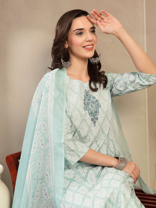 Women Sea Green Polyester Kurta Trouser & Dupatta Set