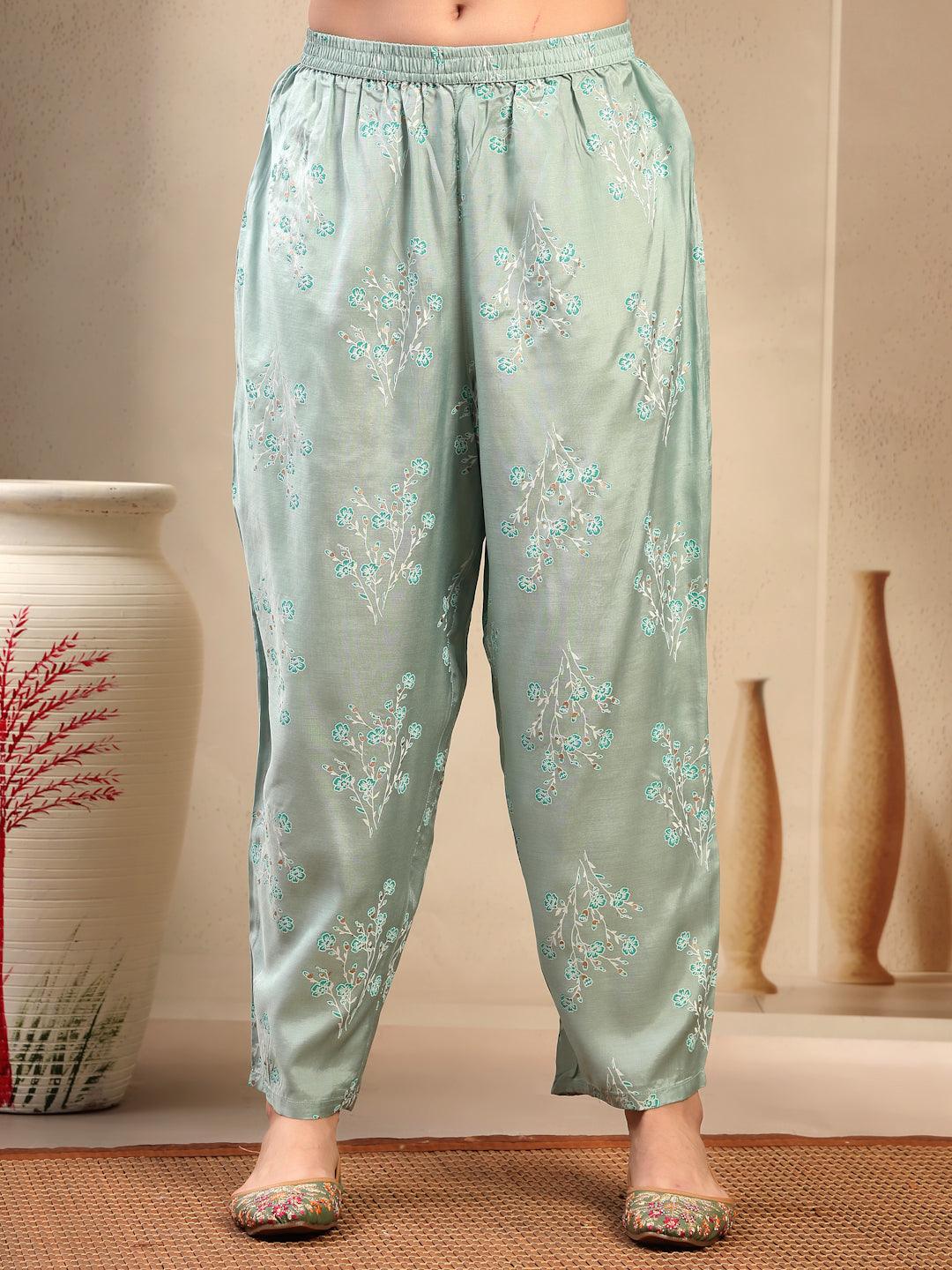Women’s Sea Green Polyester Kurta Trouser & Dupatta Set