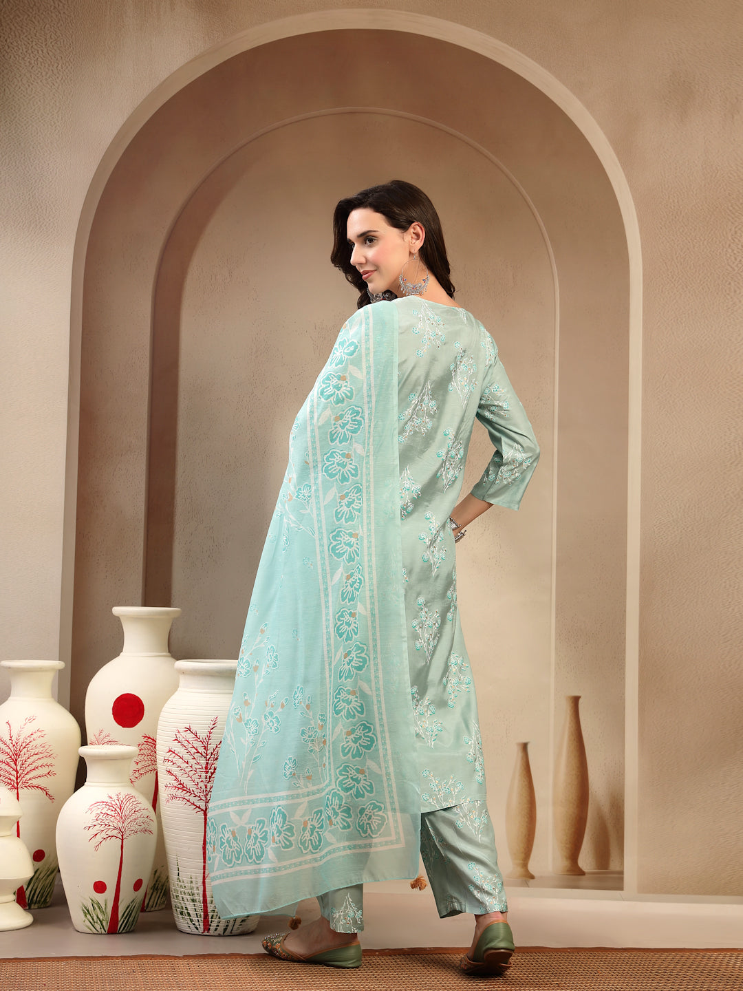 Women’s Sea Green Polyester Kurta Trouser & Dupatta Set