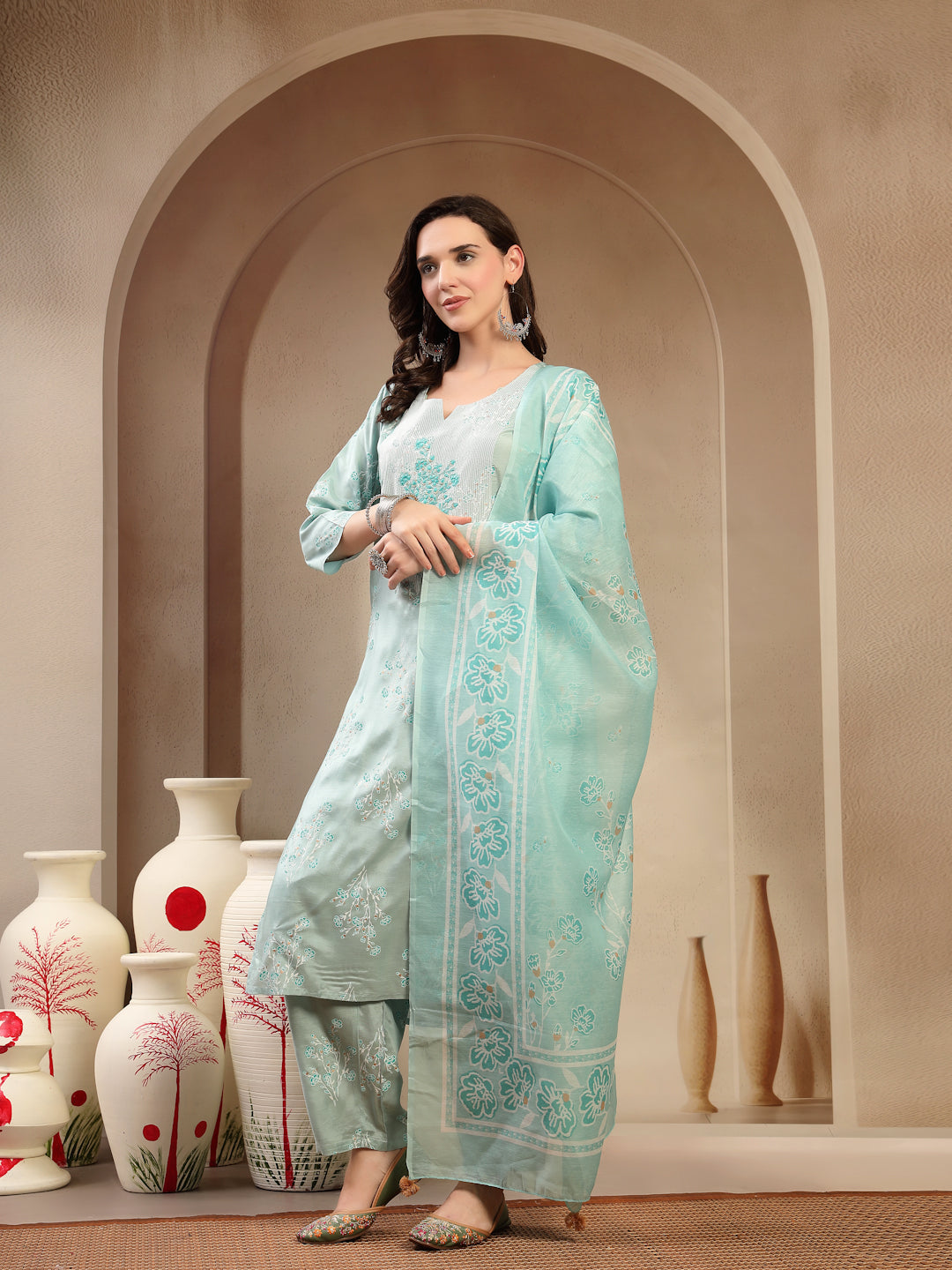 Women’s Sea Green Polyester Kurta Trouser & Dupatta Set