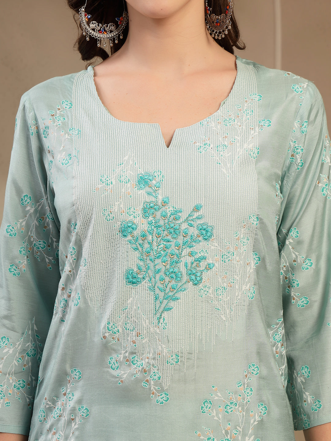 Women’s Sea Green Polyester Kurta Trouser & Dupatta Set