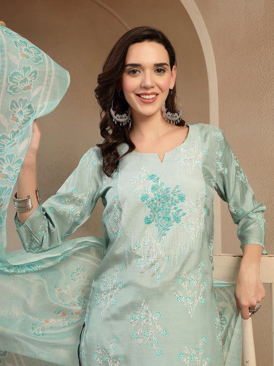 Women’s Sea Green Polyester Kurta Trouser & Dupatta Set