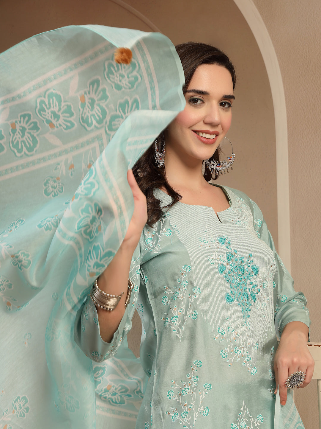 Women’s Sea Green Polyester Kurta Trouser & Dupatta Set