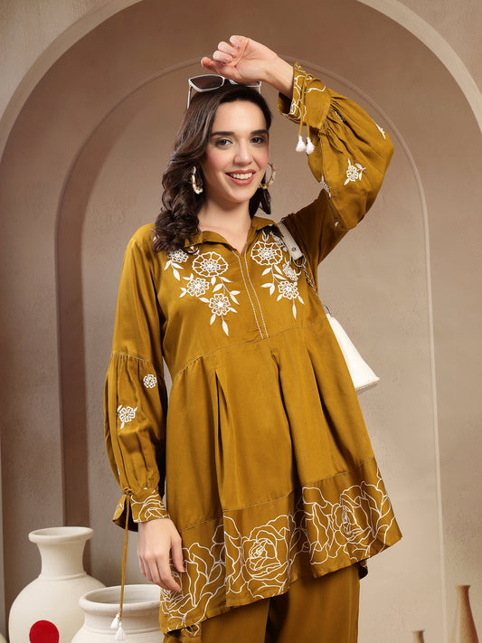 Women’s Green Printed Rayon Kurta Palazzo Co-ord Set