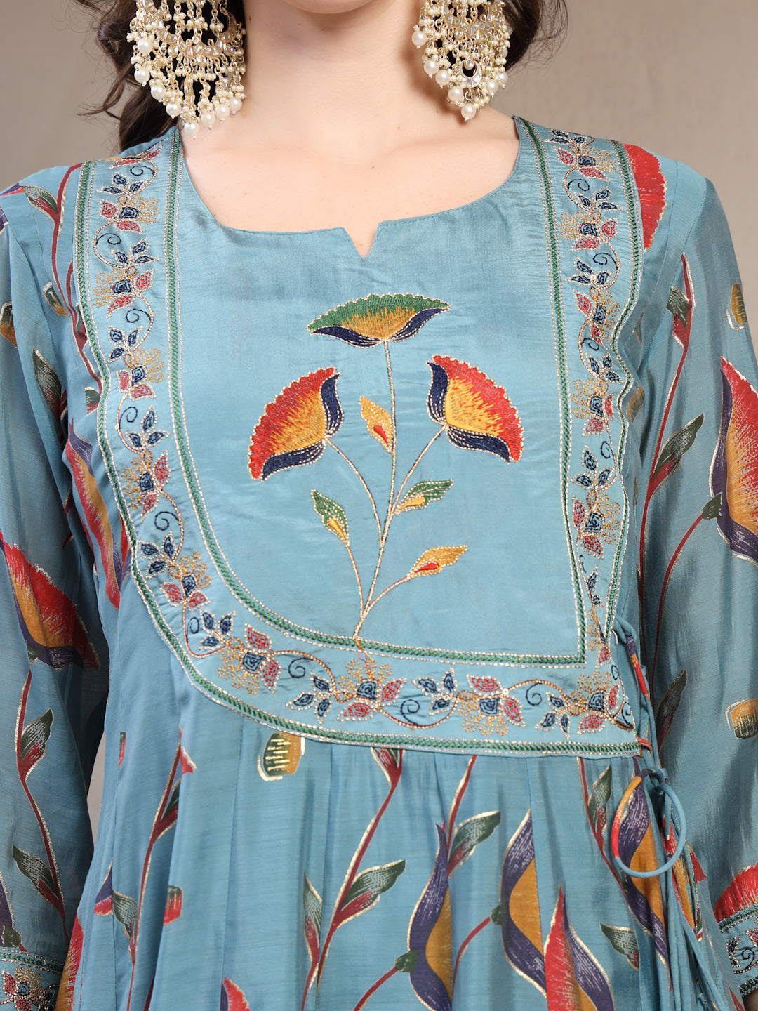 Women Olive Embroidered with printed Round Neck Kurta & Trousers with Dupatta Set