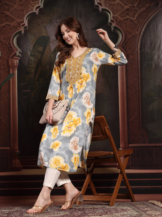 Women Yellow Viscose Rayon Straight Kurtas