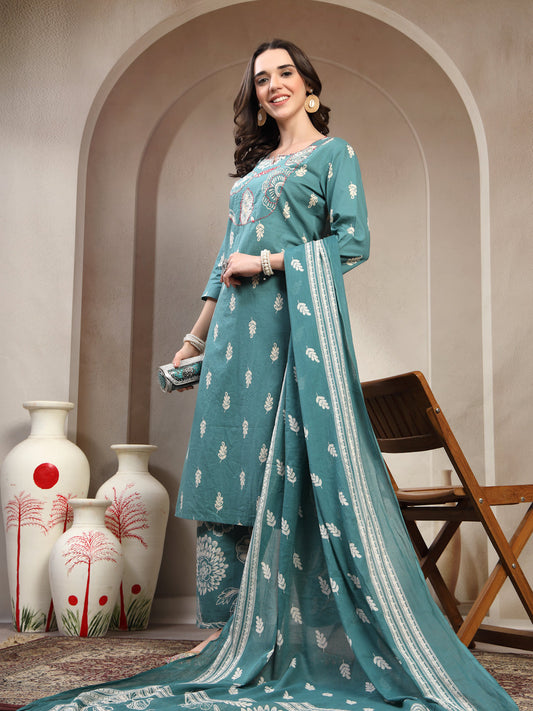 Women Green Printed Pure Cotton V-Neck Kurta & Palazzos With Dupatta