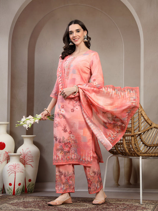 Women Peach Printed Round Neck Kurta & Trousers With Dupatta