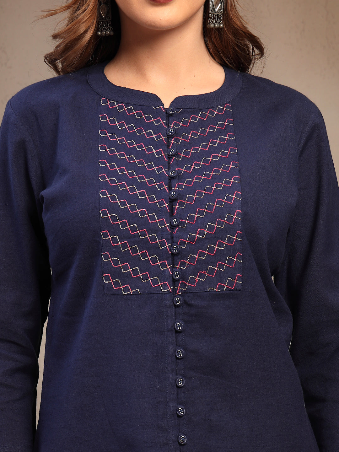 Women Blue Geometric Yoke Embroidered Mandarin Collar Regular Top