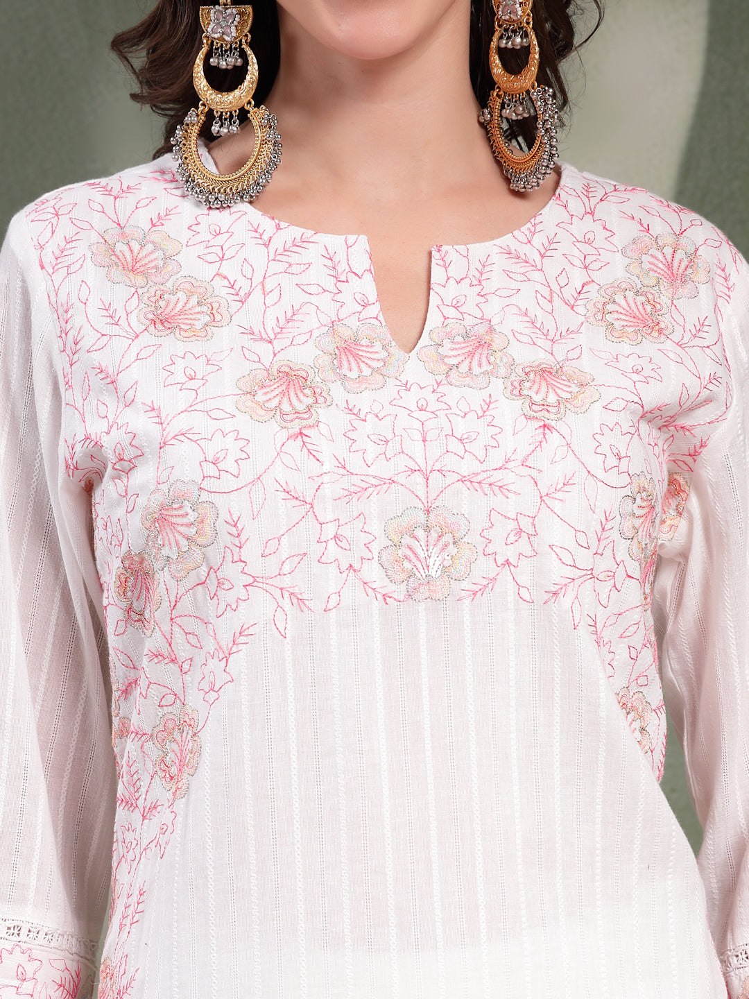 Women White Embroidered Pure Cotton Straight Kurta With Trousers & Dupatta