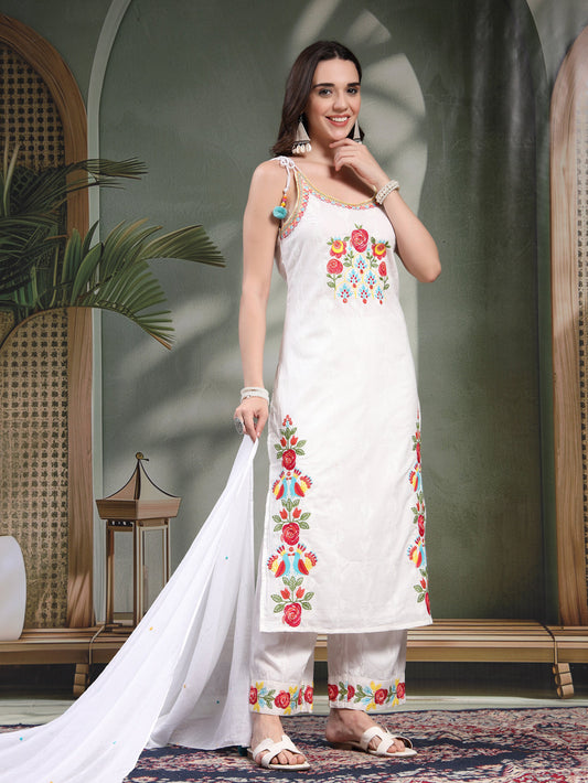 Women White Embroidered Pure Cotton Round Neck Kurta & Trousers With Dupatta