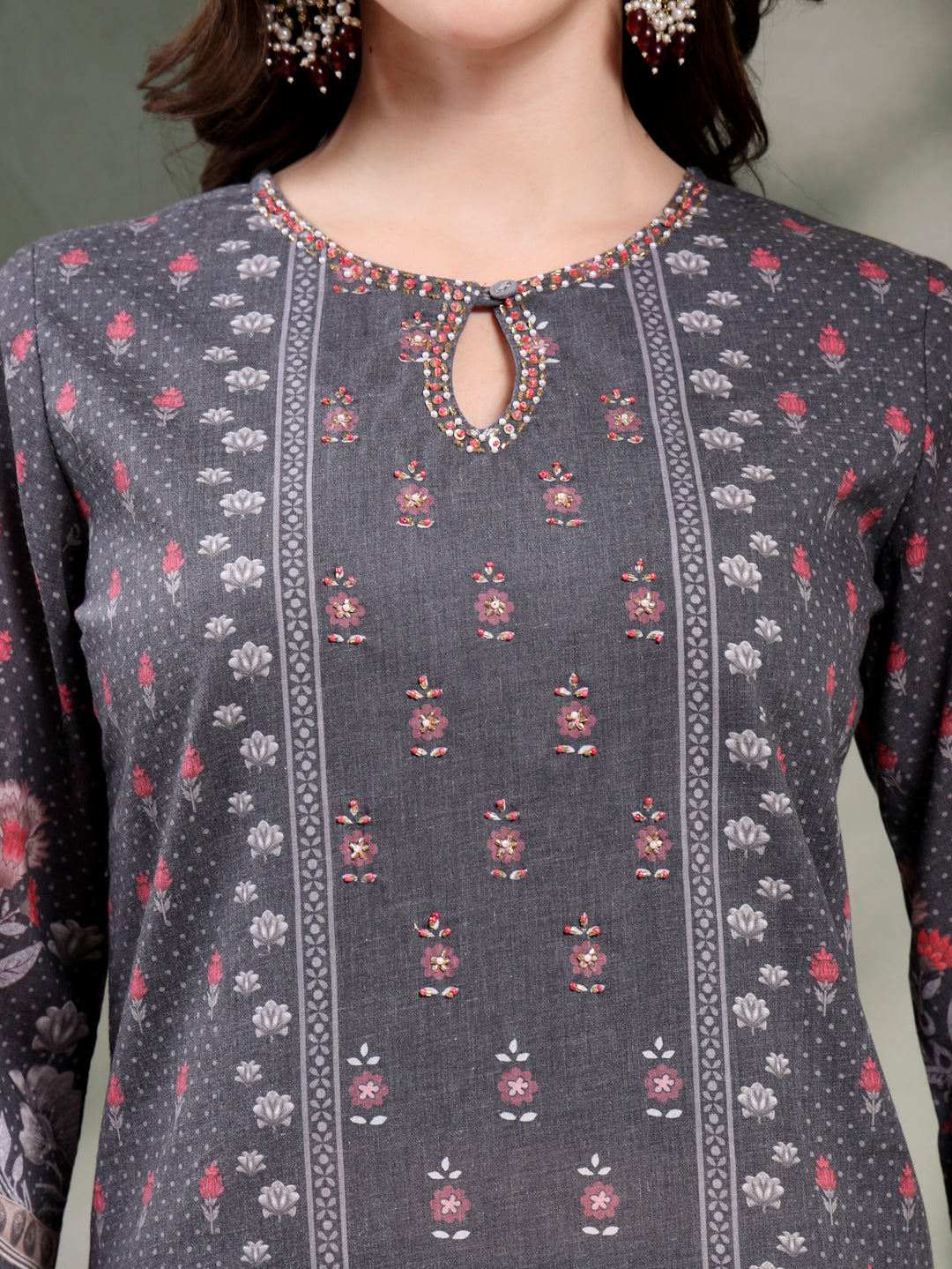 Women Grey Printed Keyhole Neck Kurta & Trousers With Dupatta