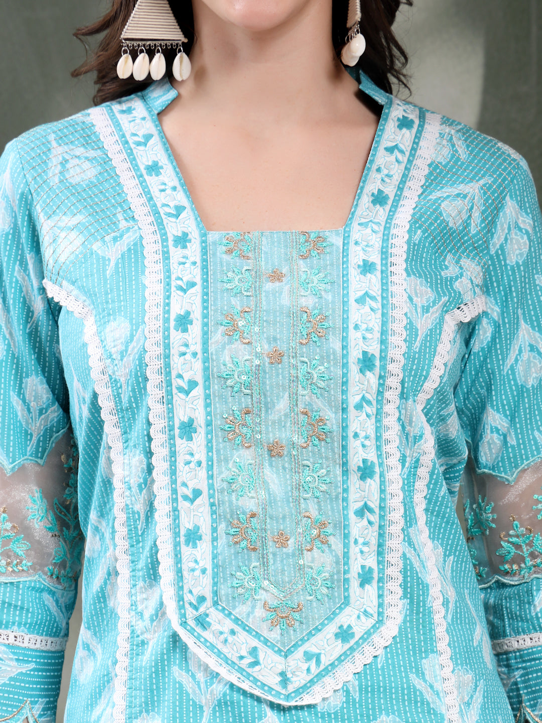 Women Turquoise Blue Embroidered Pure Cotton Square Neck Kurta & Trousers With Dupatta