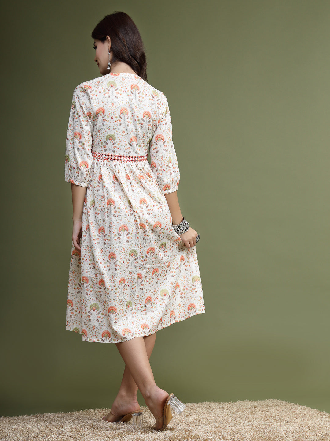 Women Floral Printed Mirror Work Pure Cotton Fit & Flare Midi Ethnic Dress