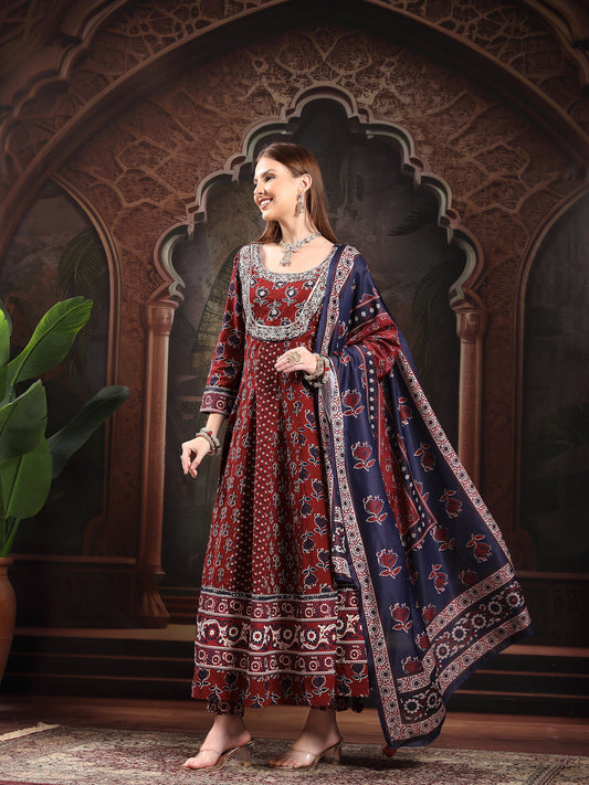 Women Floral Printed Empire Pure Cotton Kurta with Trousers & With Dupatta