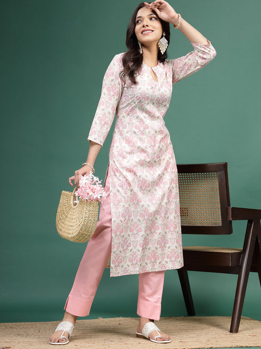 Women Floral Printed Cotton Notch Neck Straight Kurta