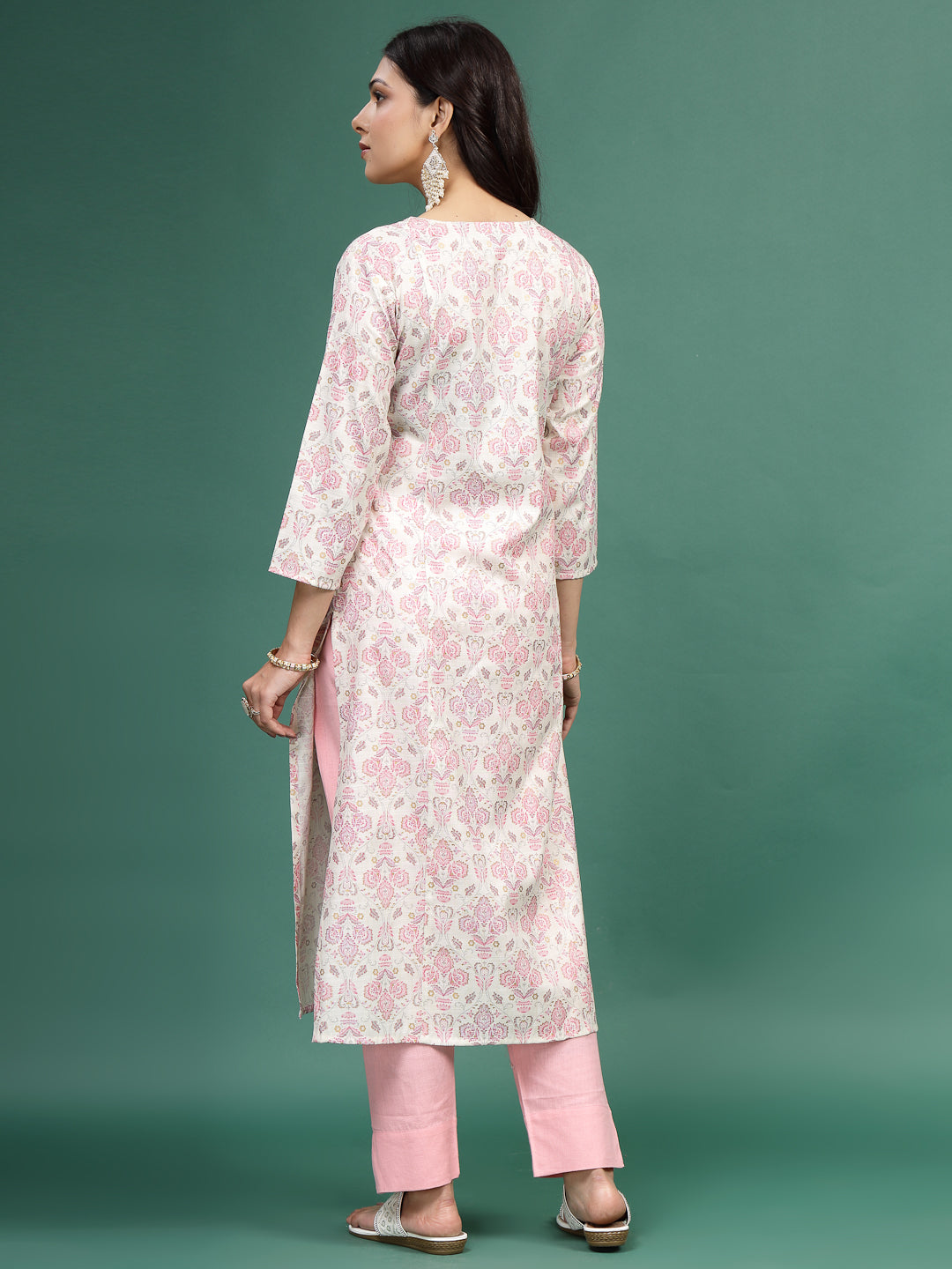 Women Floral Printed Cotton Notch Neck Straight Kurta