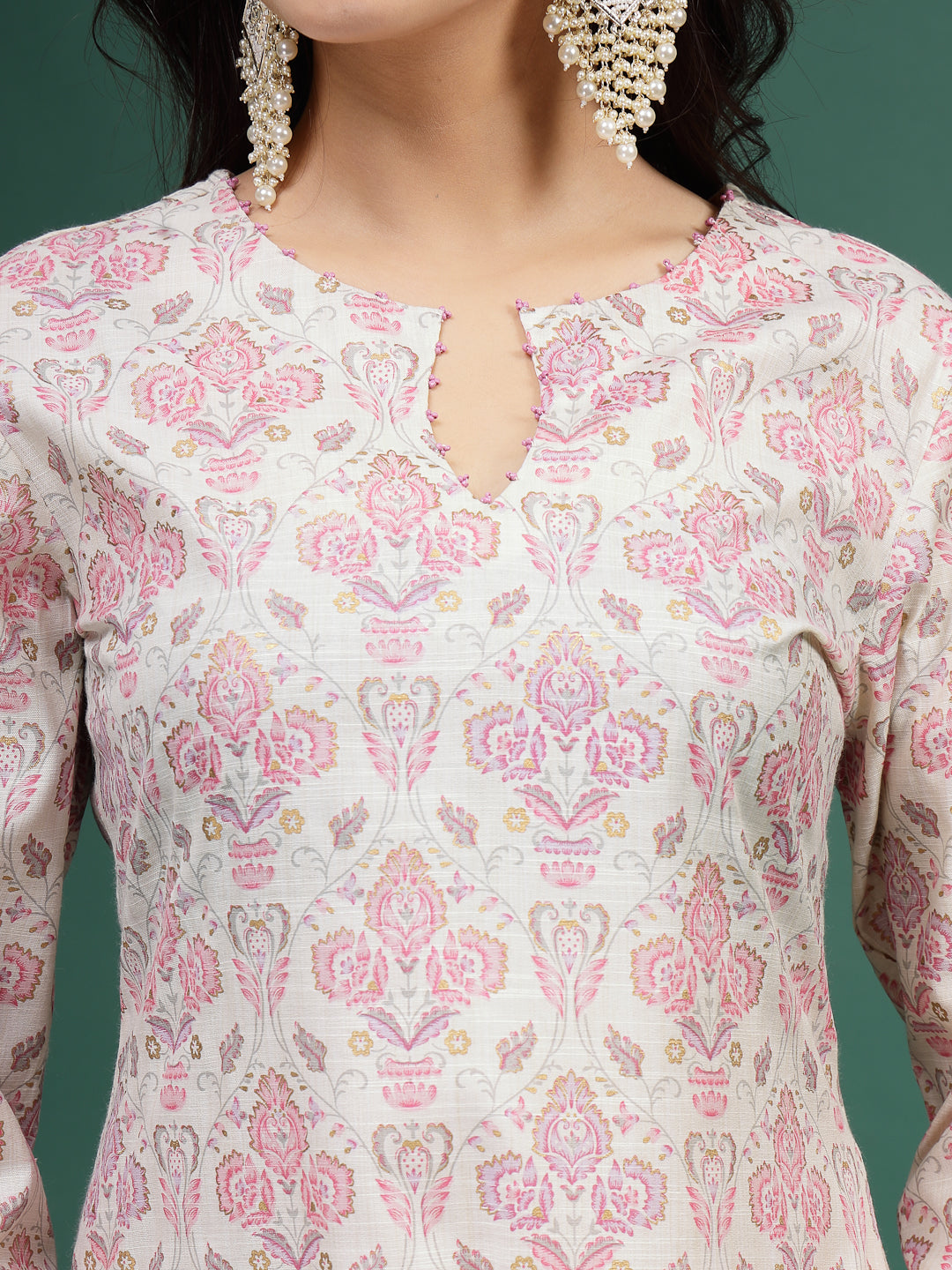Women Floral Printed Cotton Notch Neck Straight Kurta