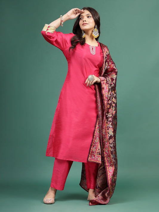 Women Pink Color Embroidery Kurta Pant With Printed Dupatta Set