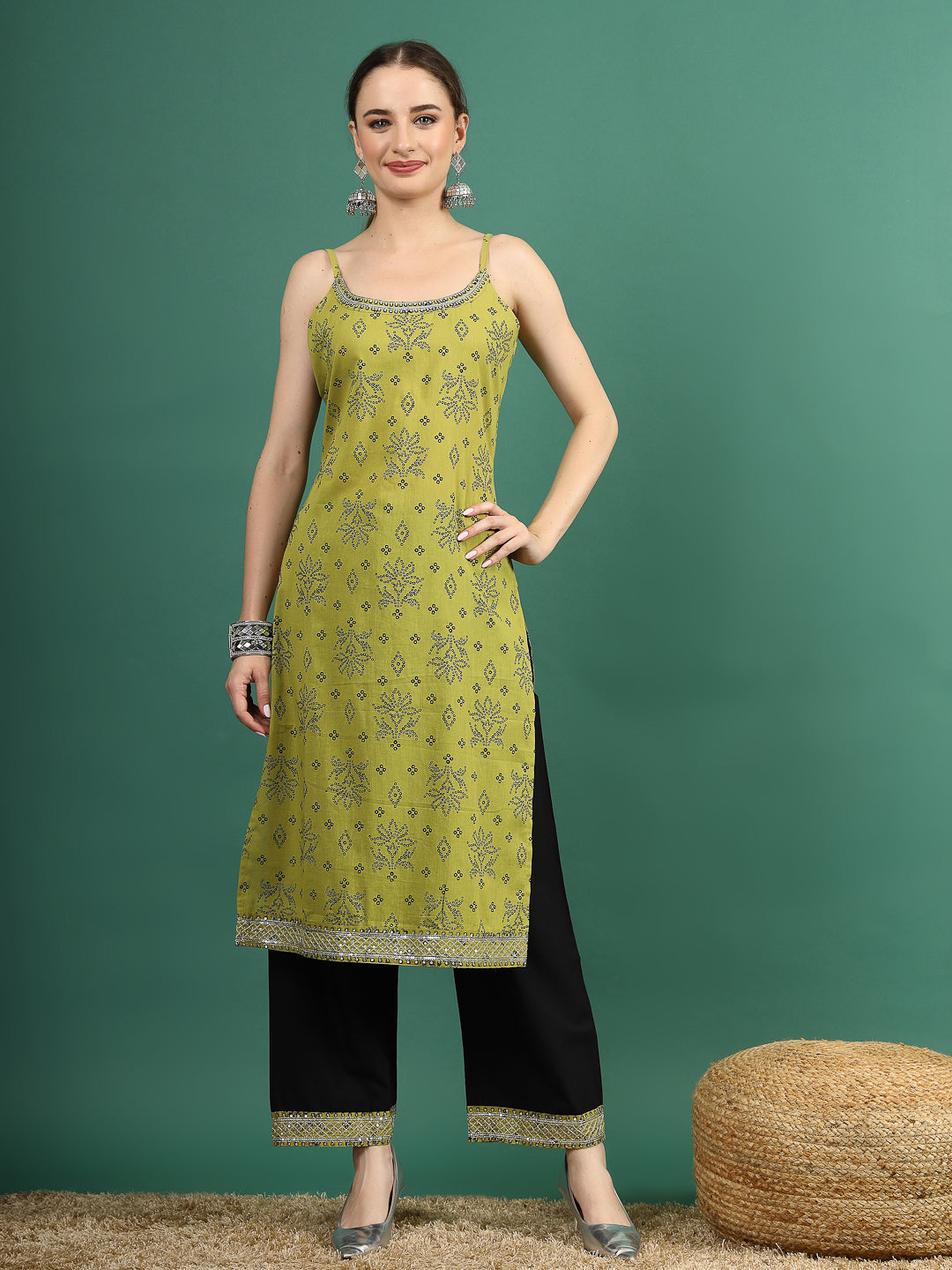 Women Green Bandhani Embroidered Shoulder Straps Sequinned Kurta With Palazzo & Dupatta