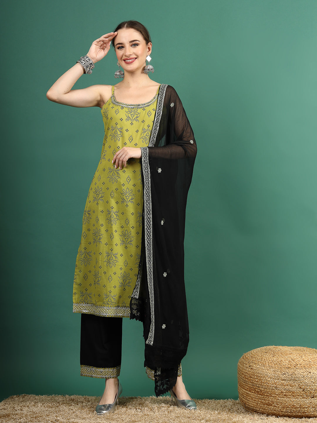 Women Green Bandhani Embroidered Shoulder Straps Sequinned Kurta With Palazzo & Dupatta