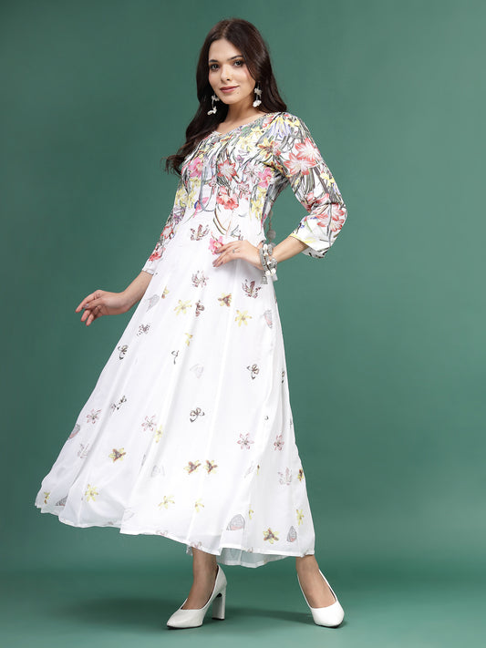 Women White Floral Printed Square Neck A-Line Ethnic Dress