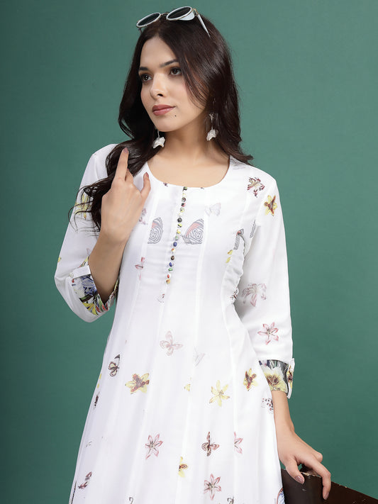 Women White Floral Printed A-Line Ethnic Dress
