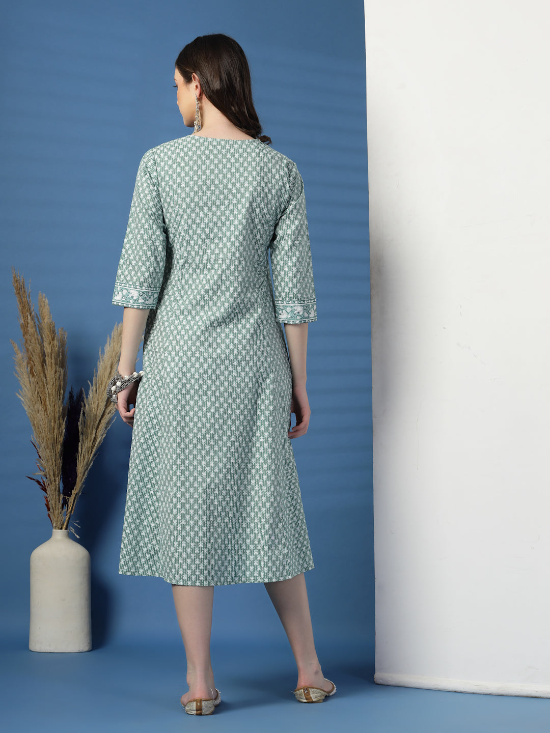 Elegant Olive A-Line Dress with Handwork Detailing