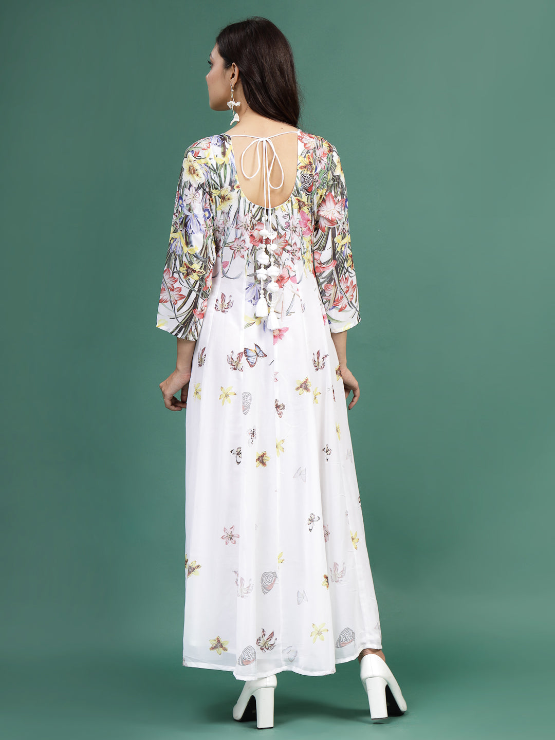 Women White Floral Printed Square Neck A-Line Ethnic Dress