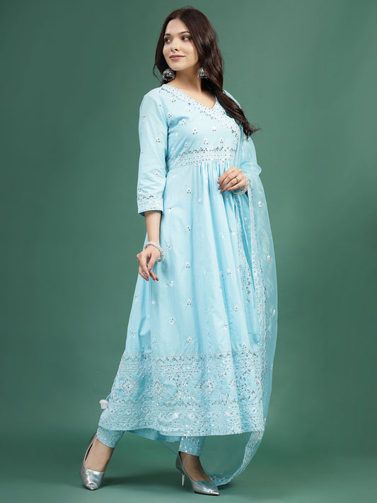 Women Turquoise Blue Color Embroidery Kurta Pant With Embroidery Dupatta Set