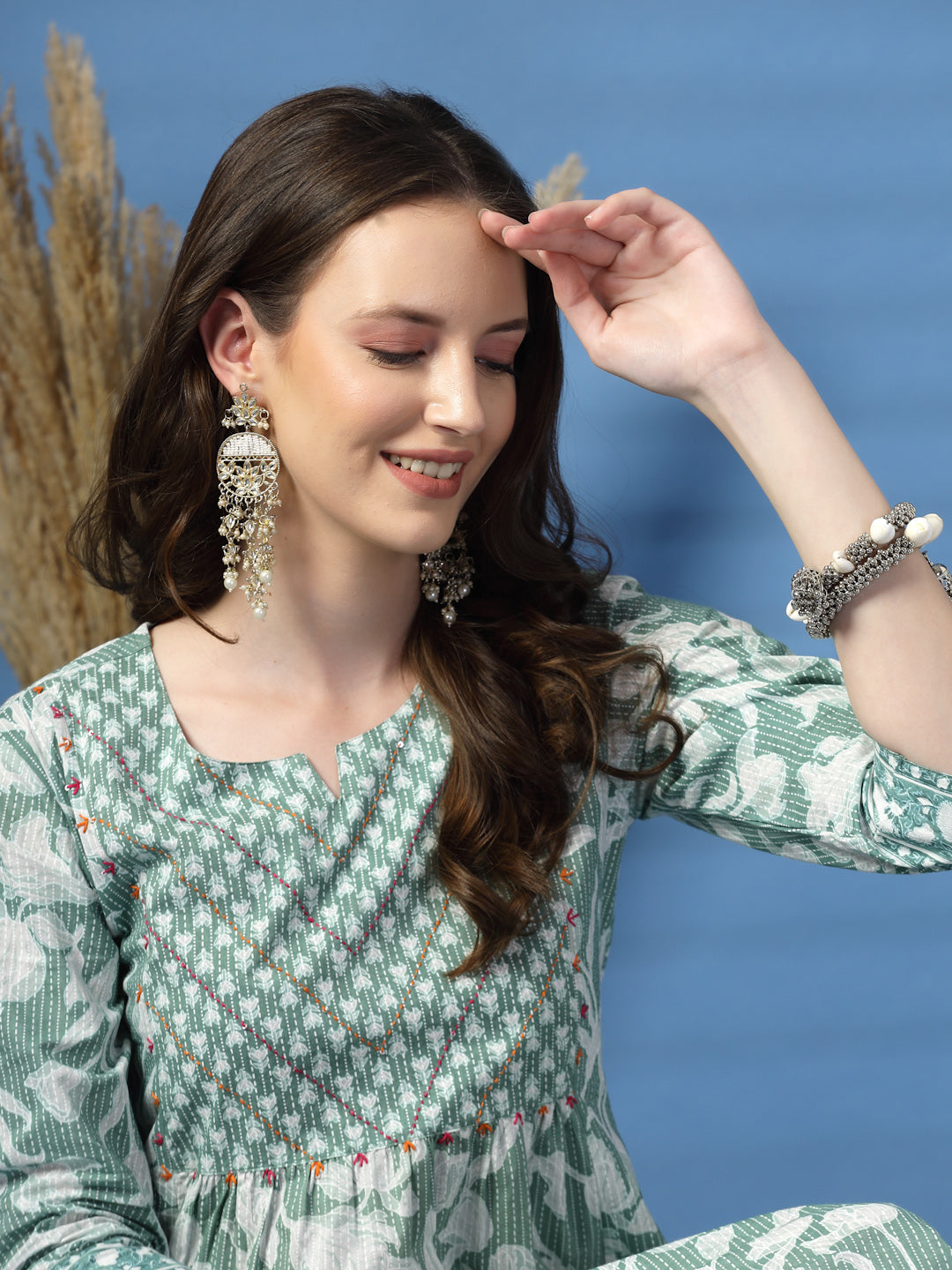 Women Green Floral Printed Sequinned Kurta