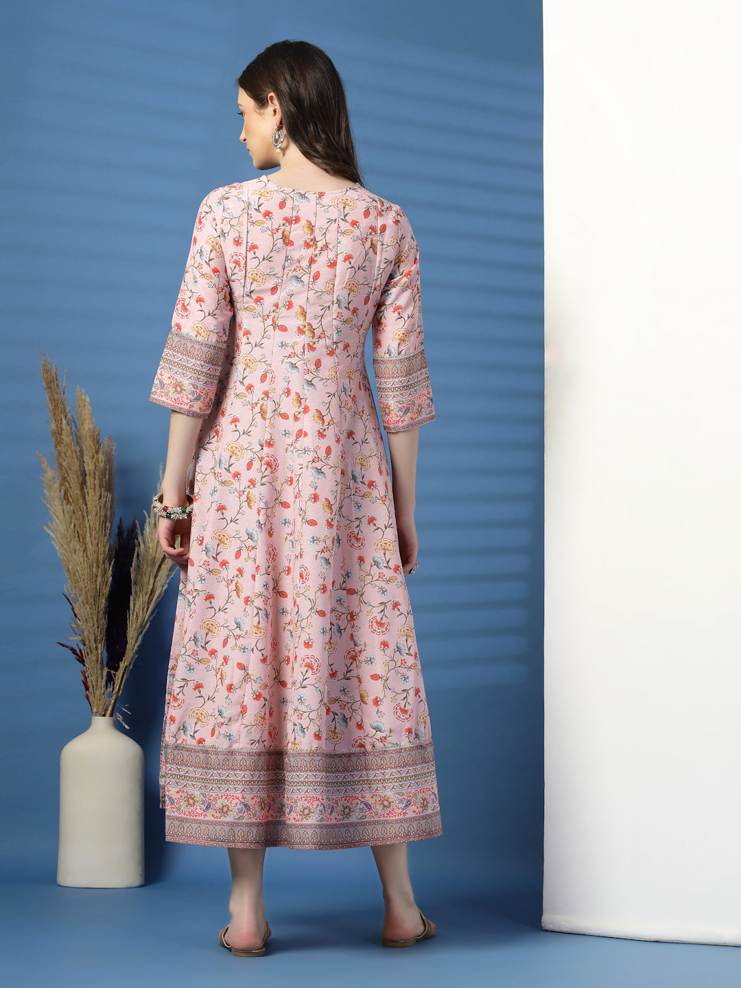 Elegant Pink Anarkali Dress with Printed & Threadwork Detailing