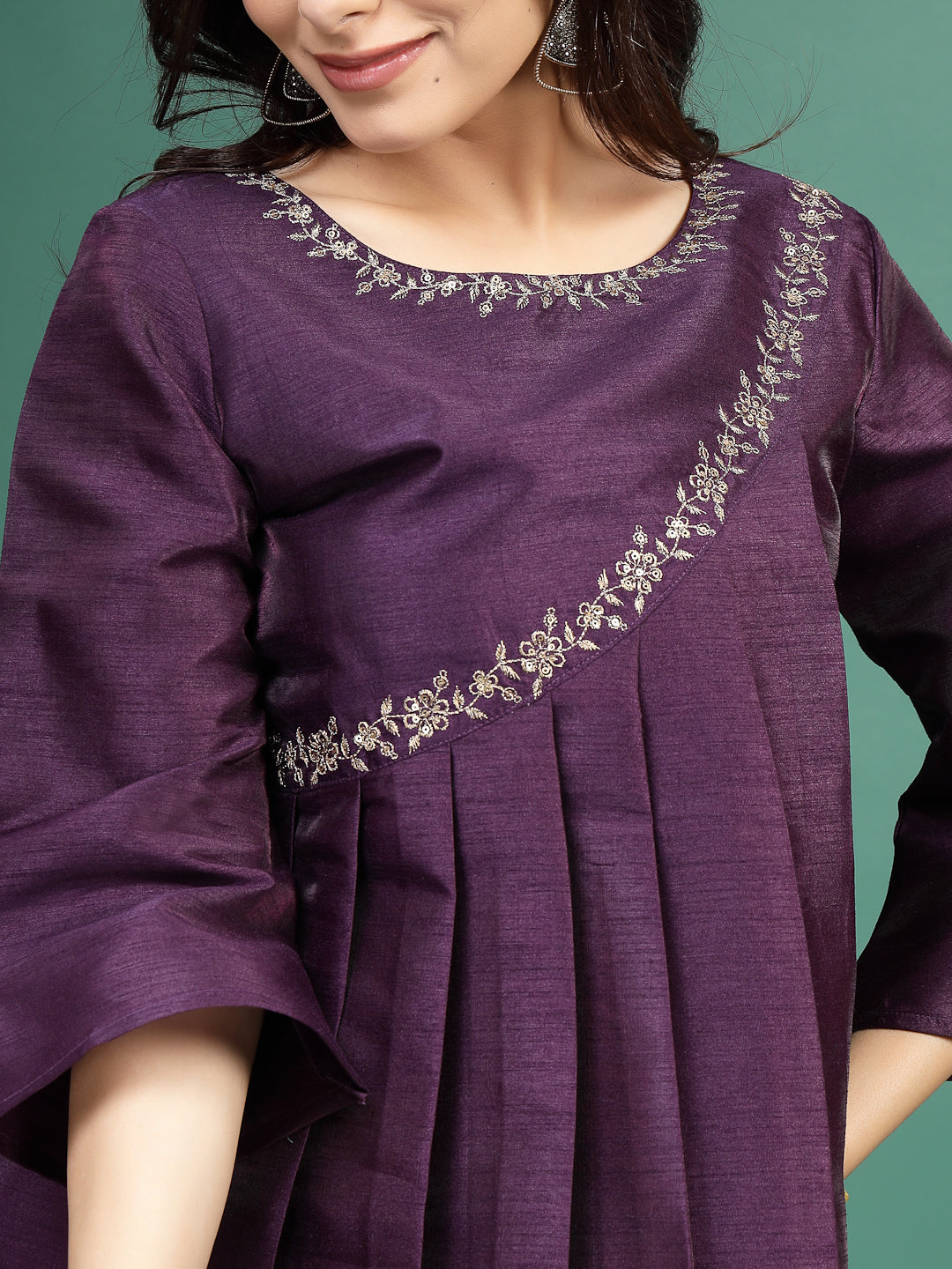 Women Wine Color Floral Embroidered Pleated Top