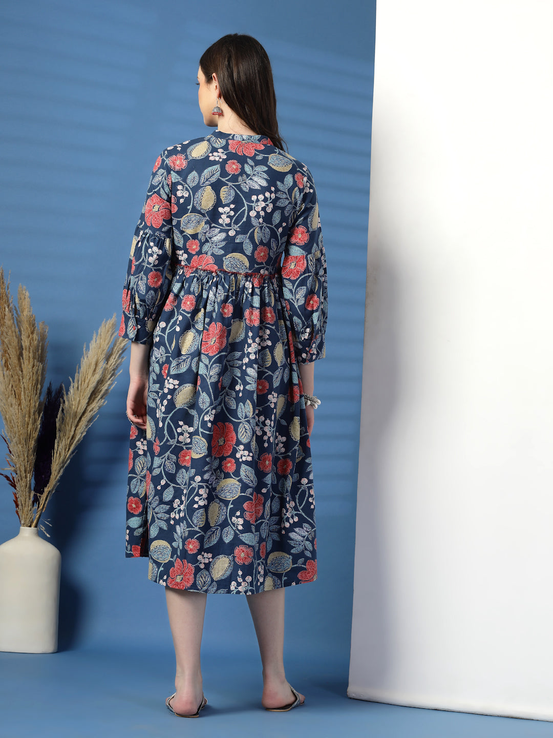 Elegant Blue A-Line Dress with Printed & Handwork Detailing
