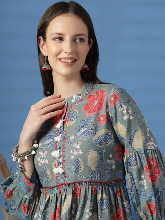 Elegant Grey A-Line Dress with Printed & Handwork Detailing