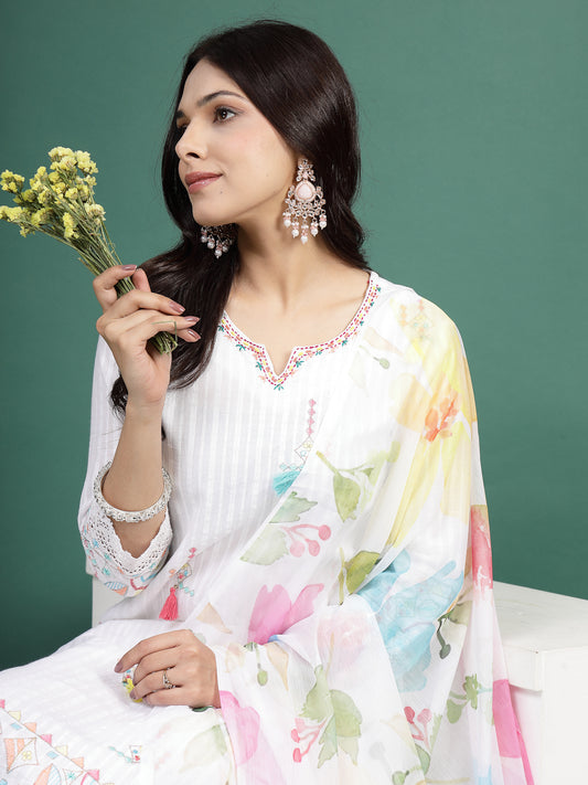 Women White Color Embroidery Kurta Pant With Printed Dupatta Set