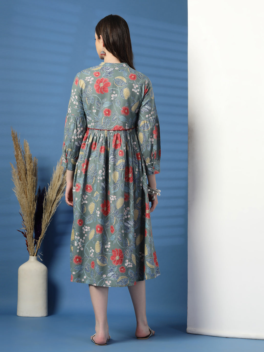 Elegant Grey A-Line Dress with Printed & Handwork Detailing